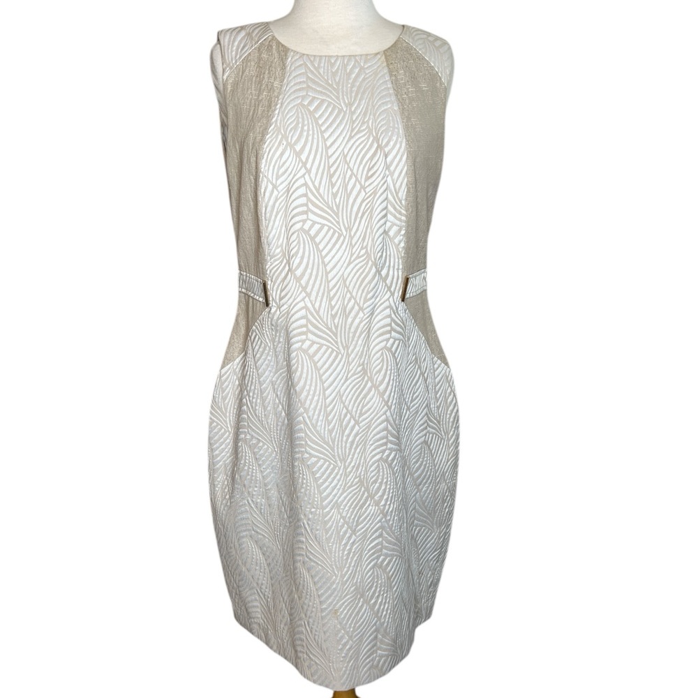 Calvin Klein Beige and White Sheath Midi Dress Sleeveless Crew Neck